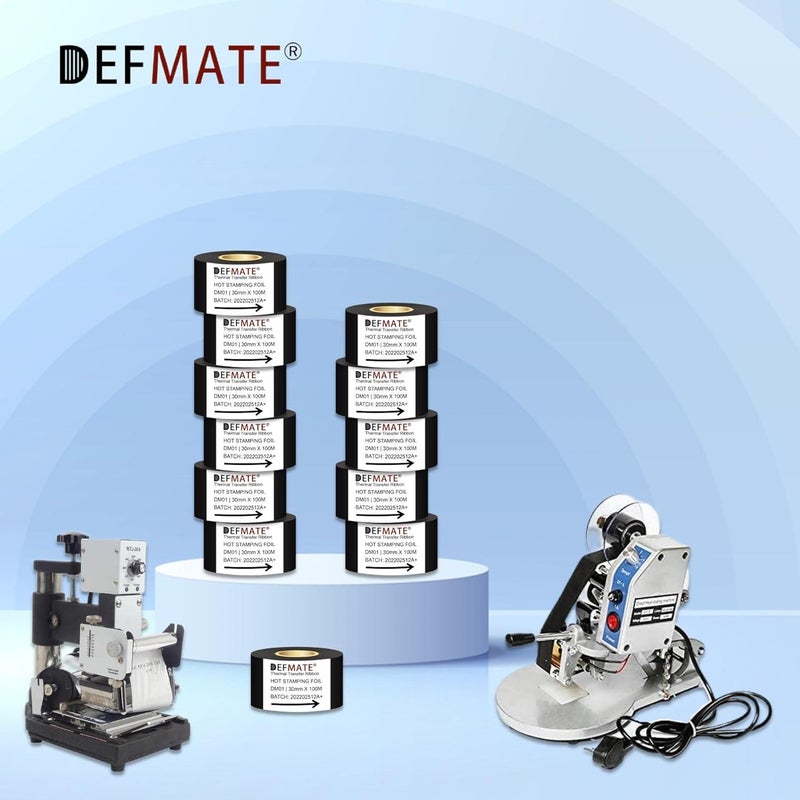 DEFMATE 12 لفات 30mm × 100m رقائق الختم الساخن الأسود شريط النقل الحراري الراتنج لآلة الطابعة الكود، شريط أسود لآلة الترميز - Image 5