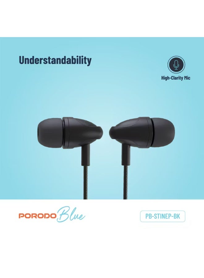 porodo Blue In-Ear Stereo Earphones with 3.5mm AUX Connector, 112dB SPL, High-Clarity Microphone, 1.2m Cable Length, ABS Material - Black - Image 3