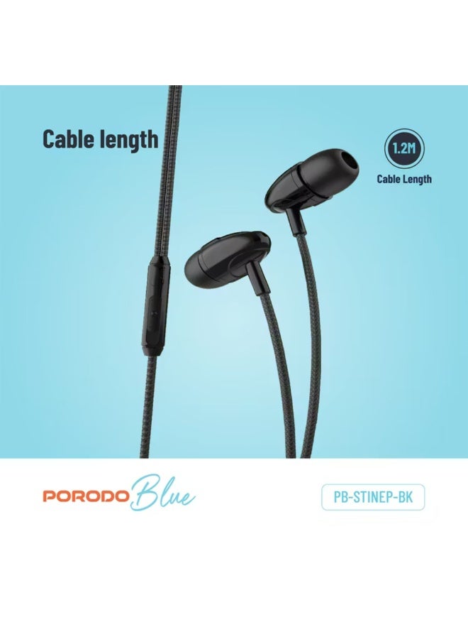 porodo Blue In-Ear Stereo Earphones with 3.5mm AUX Connector, 112dB SPL, High-Clarity Microphone, 1.2m Cable Length, ABS Material - Black - Image 4