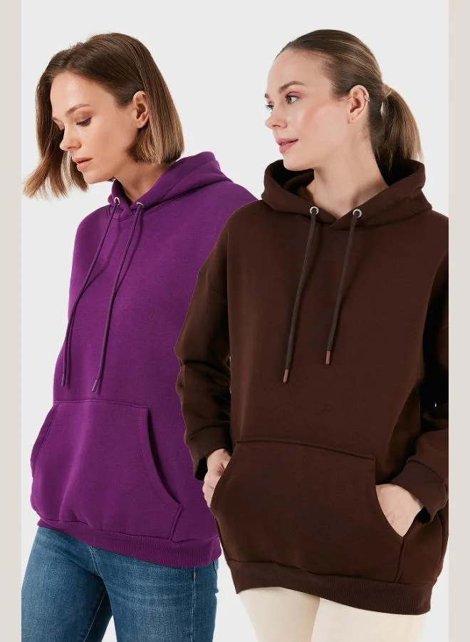 ليلا ليلا قطن بقصة عادية بياقة بغطاء رأس شتوية عبوتين سويت شيرت نسائي