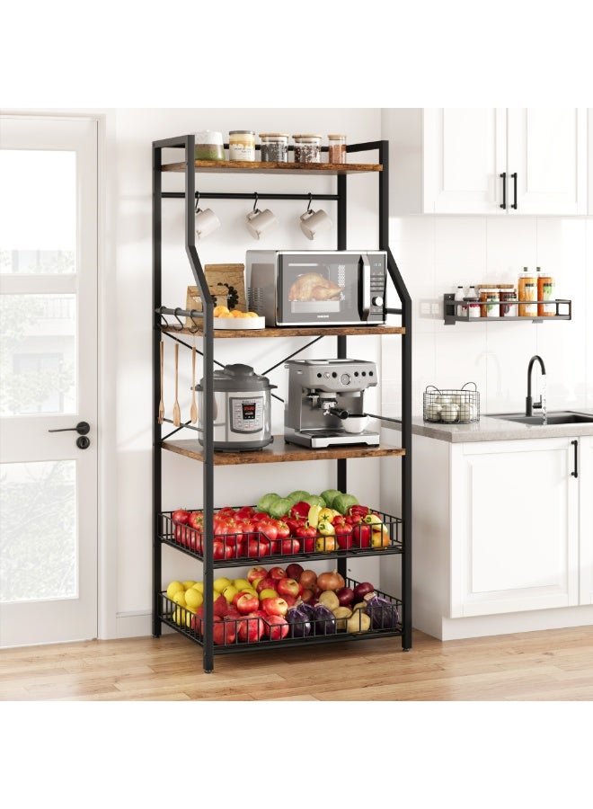 رف تخزين للمطبخ، رف خباز قائم، حامل ميكروويف مع سلتين سلكيتين كبيرتين، محطة قهوة صناعية من 5 طوابق - Image 1