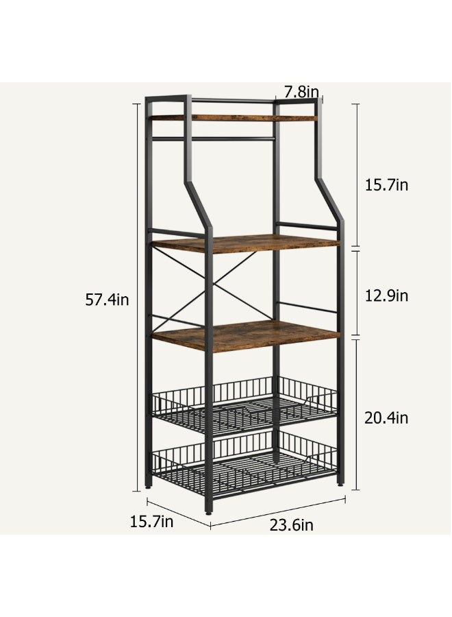 رف تخزين للمطبخ، رف خباز قائم، حامل ميكروويف مع سلتين سلكيتين كبيرتين، محطة قهوة صناعية من 5 طوابق - Image 5