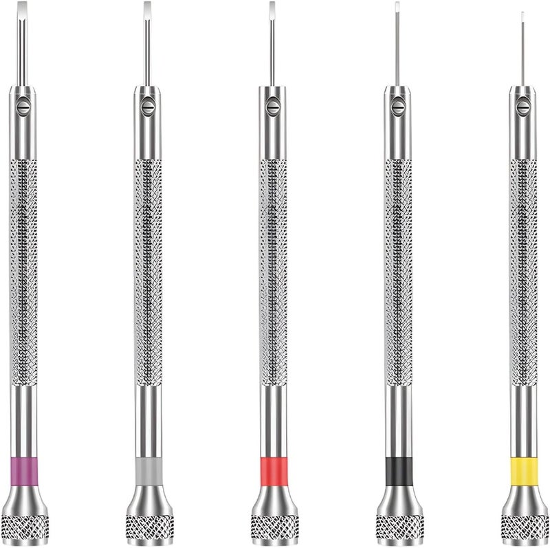 مجموعة مفاتيح درفلة دقيقة بأبعاد 3.6 × 0.3 بوصة، عدد 5 قطع، رأس مسطح، مقبض من الألومنيوم، لإصلاح الساعات - Image 1