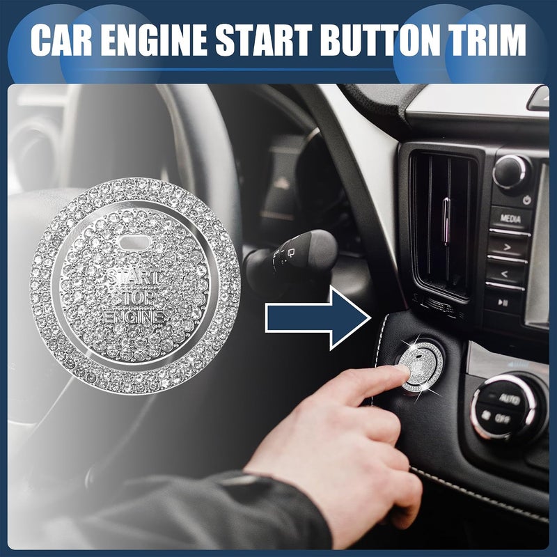 INFINAUTO غطاء زر بدء/إيقاف تشغيل المحرك العالمي اللامع للسيارة، ملصق حلقة زر بدء التشغيل بنقرة واحدة، تقليم زر الإشعال بأحجار الراين الكريستالية المقلدة مع فتحة أبيض، مجموعة واحدة جودة متعددة الاستخدام - Image 2