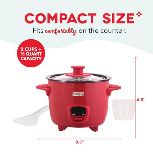 DASH Mini Rice Cooker Steamer with Removable Nonstick Pot, Keep Warm Function & Recipe Guide, Half Quart, for Soups, Stews, Grains & Oatmeal - Red - Image 2