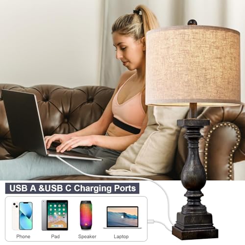 BOBOMOMO Retro 27" USB Charging Ports A/C Farmhouse Single Lamps for Bedrooms Retro Side Table Lamps Bedside Lamp for Side Nightstand Living Room 1 Pack (Blubs not Included) - Image 3
