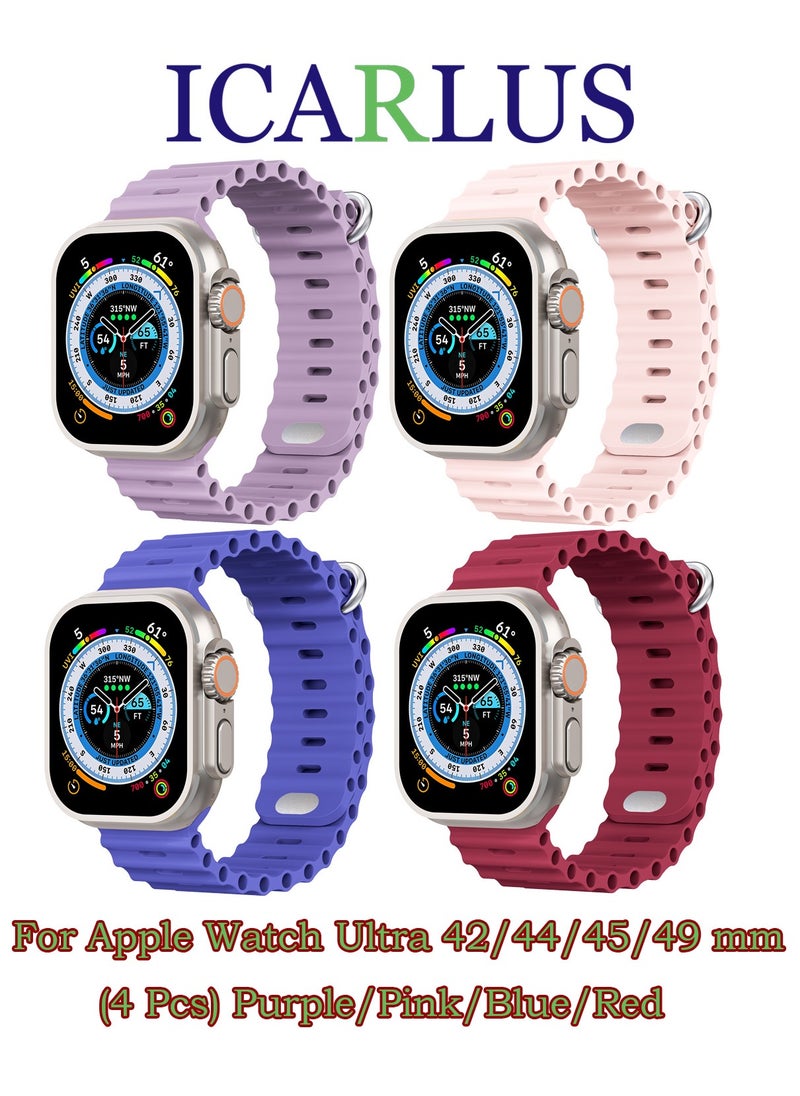 ICARLUS - Ocean Band Compatible with Apple Watch Ultra Band 49/45/44/42mm, Soft Silicone Sport Band Replacement Strap for Apple Watch Ultra2/Ultra iWatch Series 9 8 7 SE 6 5 4 3 2 1, 4 Pack - Image 1