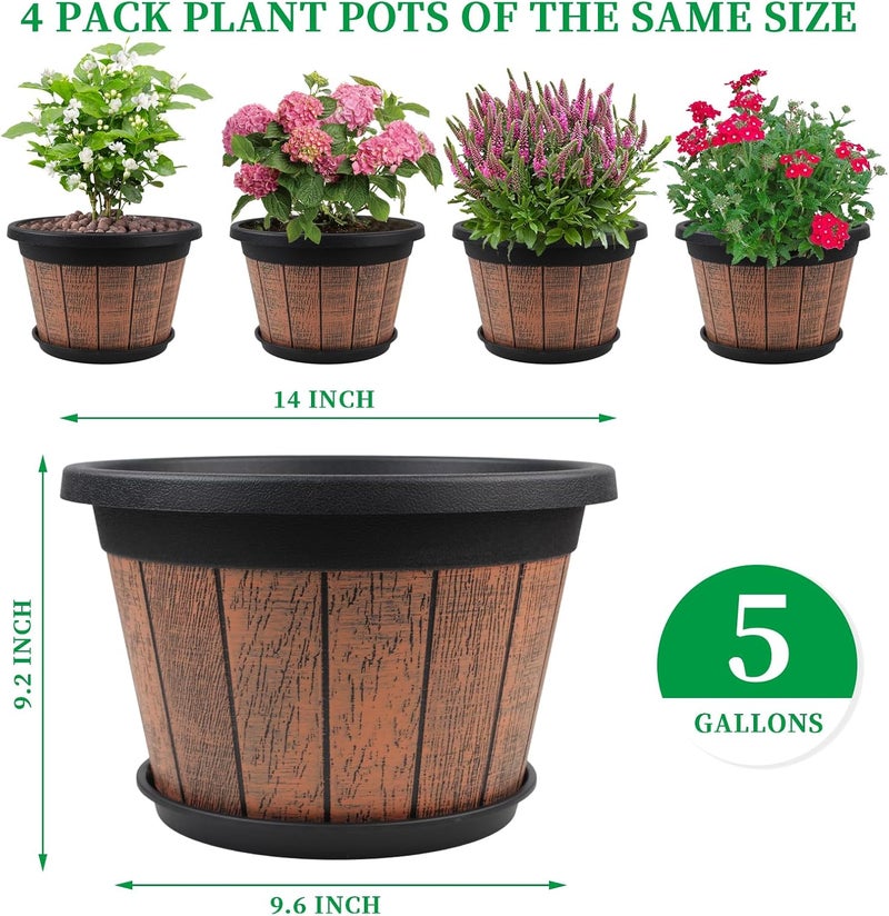 Quarut Large 4 Pack 14 inch Plant Pots,Whiskey Barrel Planters with Drainage Holes & Saucer,Plastic Decoration Flower Pots Retro Design,Planters for Outdoor Indoor Garden Balcony Plants (Brown) - Image 3