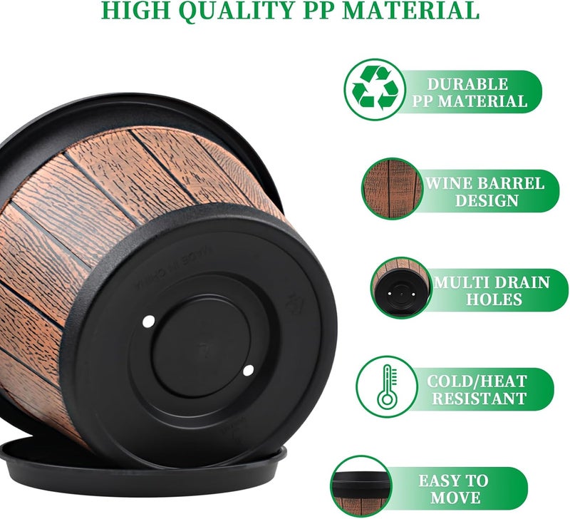 Quarut Large 4 Pack 14 inch Plant Pots,Whiskey Barrel Planters with Drainage Holes & Saucer,Plastic Decoration Flower Pots Retro Design,Planters for Outdoor Indoor Garden Balcony Plants (Brown) - Image 5