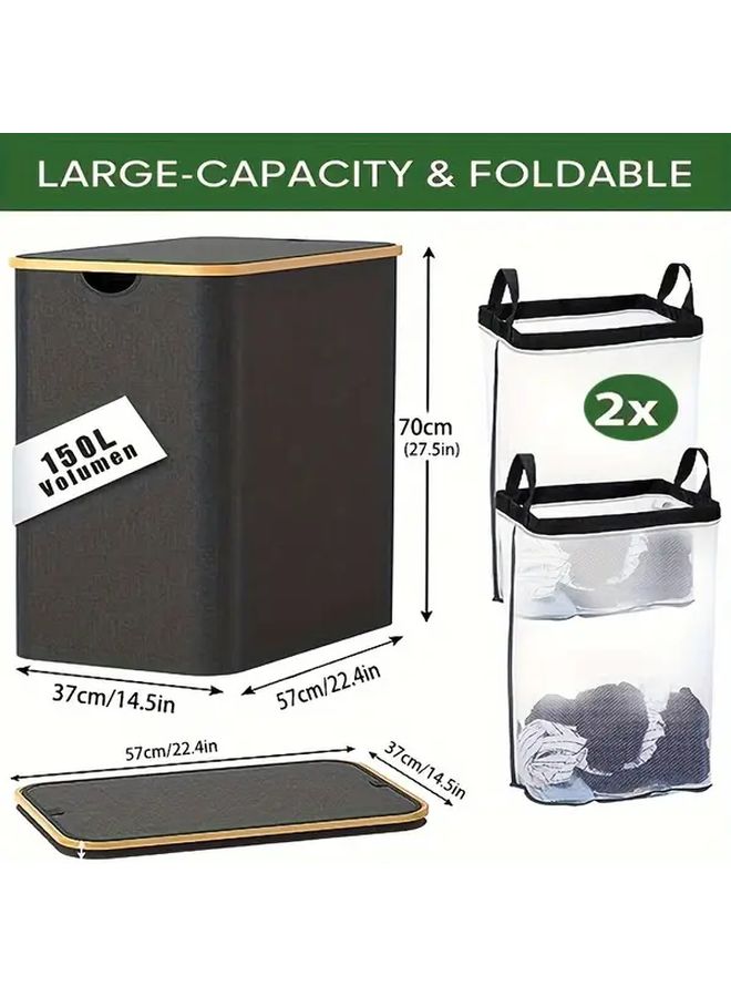 Beige Double Layer Laundry Basket With Lid Large Capacity Washable Detachable Mesh Bags Durable Fabric Clothing Storage Basket Modern Style Laundry Room Accessories - Image 4