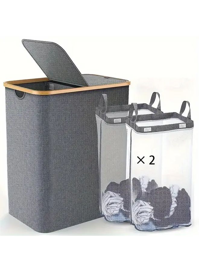 Beige Double Layer Laundry Basket With Lid Large Capacity Washable Detachable Mesh Bags Durable Fabric Clothing Storage Basket Modern Style Laundry Room Accessories - Image 2
