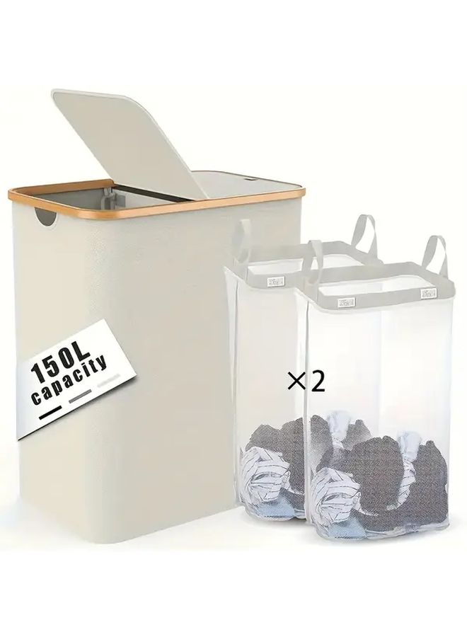 Beige Double Layer Laundry Basket With Lid Large Capacity Washable Detachable Mesh Bags Durable Fabric Clothing Storage Basket Modern Style Laundry Room Accessories - Image 1