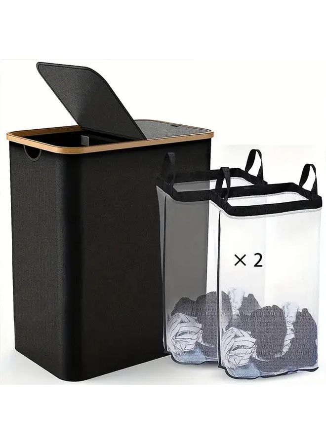 Beige Double Layer Laundry Basket With Lid Large Capacity Washable Detachable Mesh Bags Durable Fabric Clothing Storage Basket Modern Style Laundry Room Accessories - Image 3