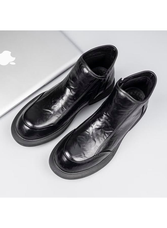 Xo Chelsea Boots Men Leather  Autumn Winter Mid-top British Work Boots Trendy Ankle Boots Black 39 - Image 4