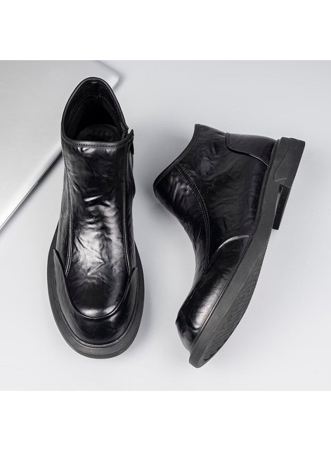 Xo Chelsea Boots Men Leather  Autumn Winter Mid-top British Work Boots Trendy Ankle Boots Black 39 - Image 5