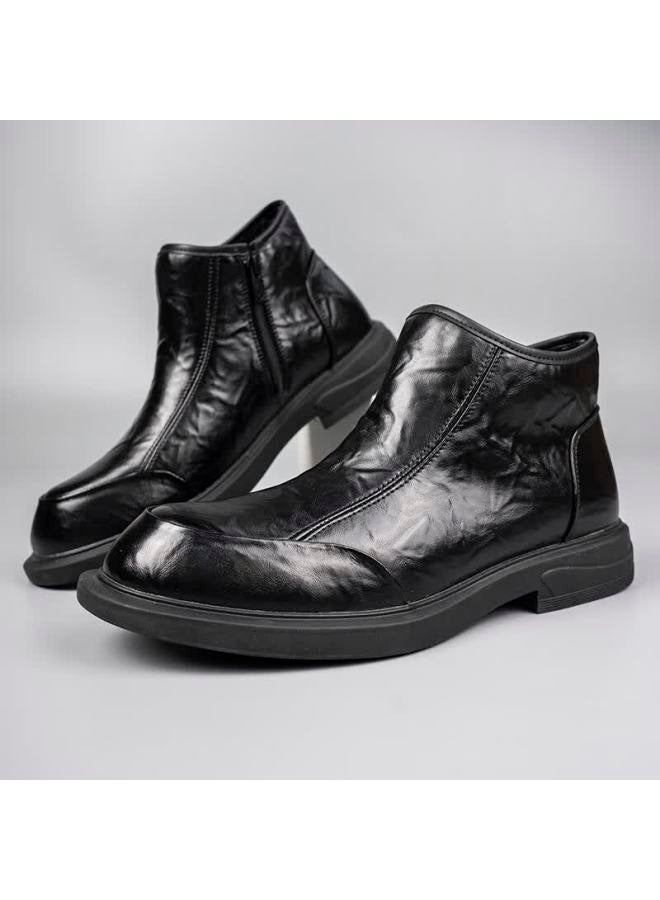 Xo Chelsea Boots Men Leather  Autumn Winter Mid-top British Work Boots Trendy Ankle Boots Black 39 - Image 3