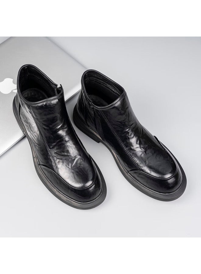 Xo Chelsea Boots Men Leather  Autumn Winter Mid-top British Work Boots Trendy Ankle Boots Black 39 - Image 2