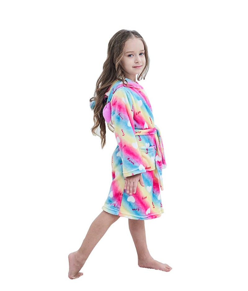 NewPlush Kids Unicorn Robe Girls Animal Flannel Ultra Soft Plush Bathrobe Novelty Hooded Nightgown Holiday Gift Rainbow Love 67 Years Old 150