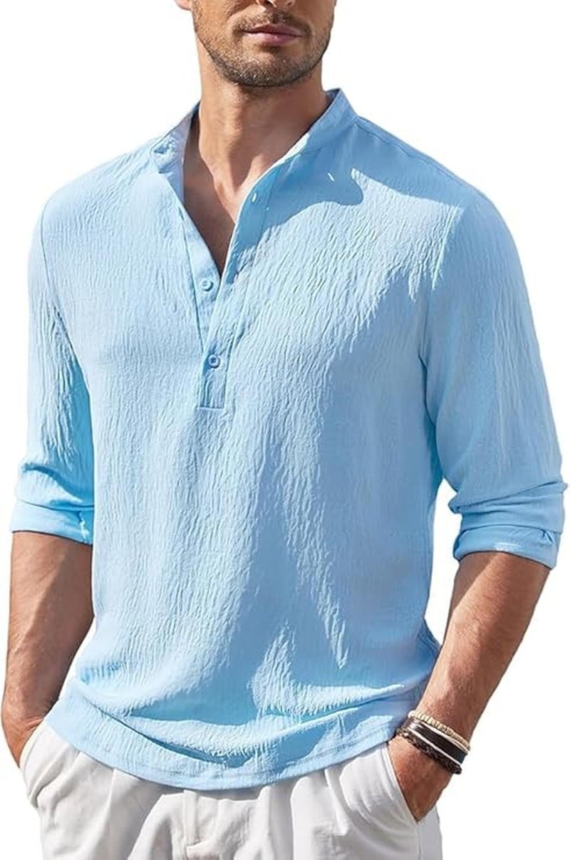 Bellstone Men’s Cotton Blend Solid Regular Fit Full Sleeve Short Kurtas | Men's Trendy Short Kurta | Ethnic Stylish Casual Lightweight Summer Kurta for Daily and Occasion Use Sky Blue - Image 1