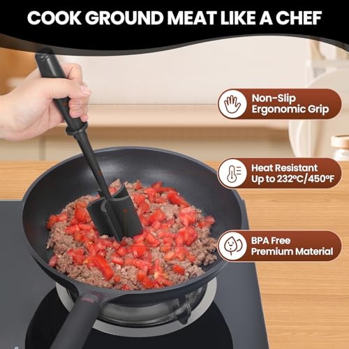 CUNSENR Premium Meat Chopper - 5 Curve Blade Ground Beef Smasher Tool - Heat-Resistant Nylon Meat Masher for Ground Beef, Hamburger, Potatoes - Non-Stick Ground Meat Chopper for Easy Mixing - Black - Image 4