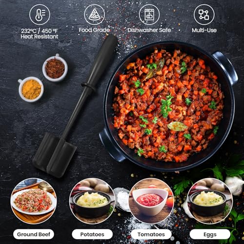 CUNSENR Premium Meat Chopper - 5 Curve Blade Ground Beef Smasher Tool - Heat-Resistant Nylon Meat Masher for Ground Beef, Hamburger, Potatoes - Non-Stick Ground Meat Chopper for Easy Mixing - Black - Image 2