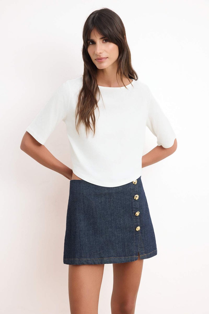 trendyol Ecru Plain Regular Crew Neck Standard Sleeve Three Quarter Sleeve 100% Cotton Knitted T-Shirt Twoss26Ts00200 - Image 1