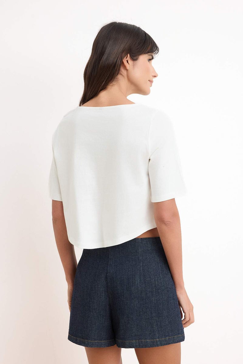trendyol Ecru Plain Regular Crew Neck Standard Sleeve Three Quarter Sleeve 100% Cotton Knitted T-Shirt Twoss26Ts00200 - Image 4