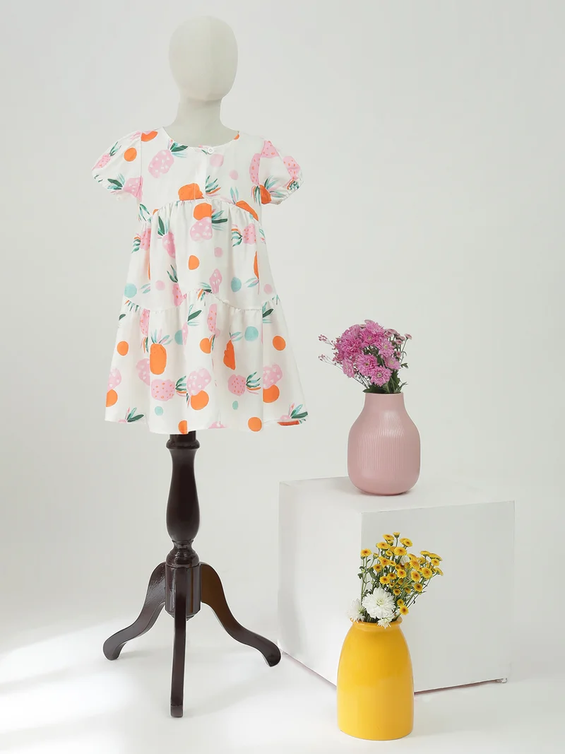 جلو باص Globus Girls White Fruit Print Round Neck Gathered Detail Puffed Sleeves Tiered Fit & Flare Mini Party Dress