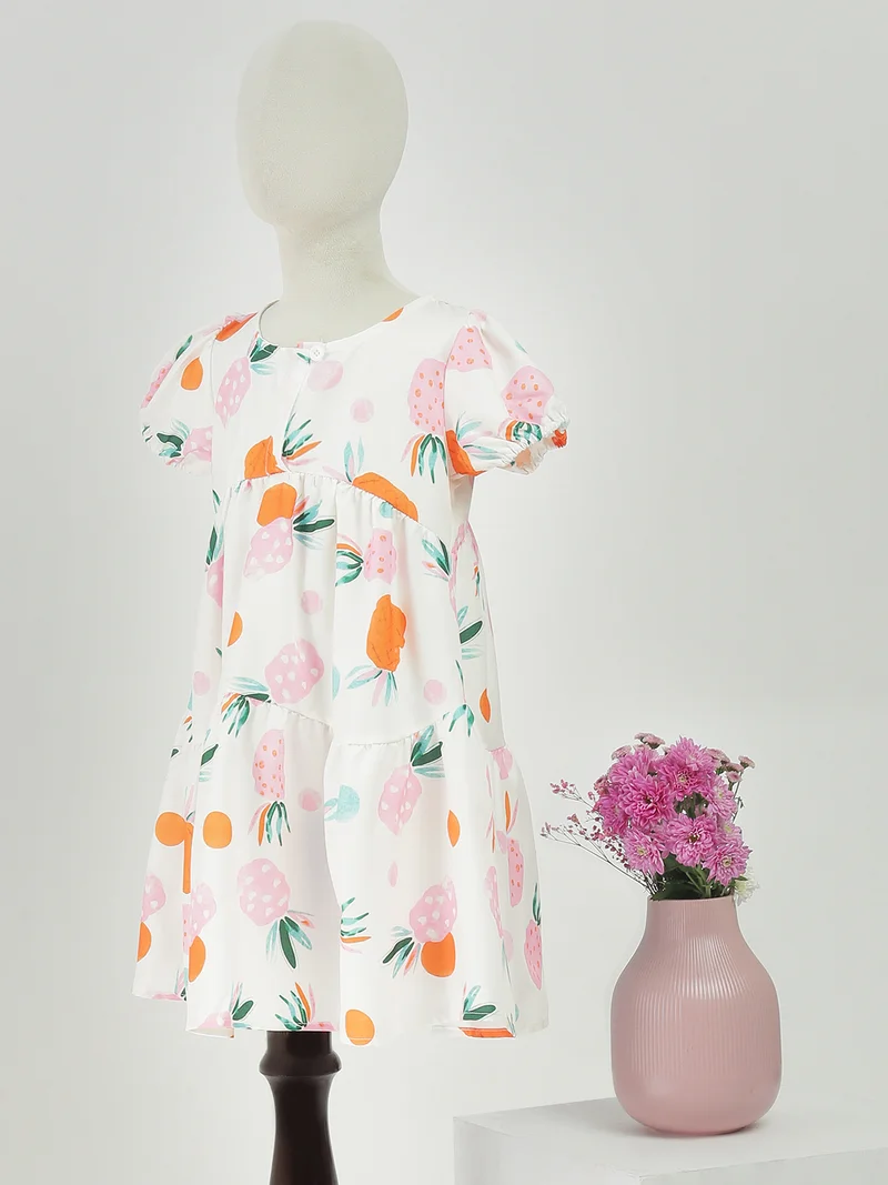 جلو باص Globus Girls White Fruit Print Round Neck Gathered Detail Puffed Sleeves Tiered Fit & Flare Mini Party Dress