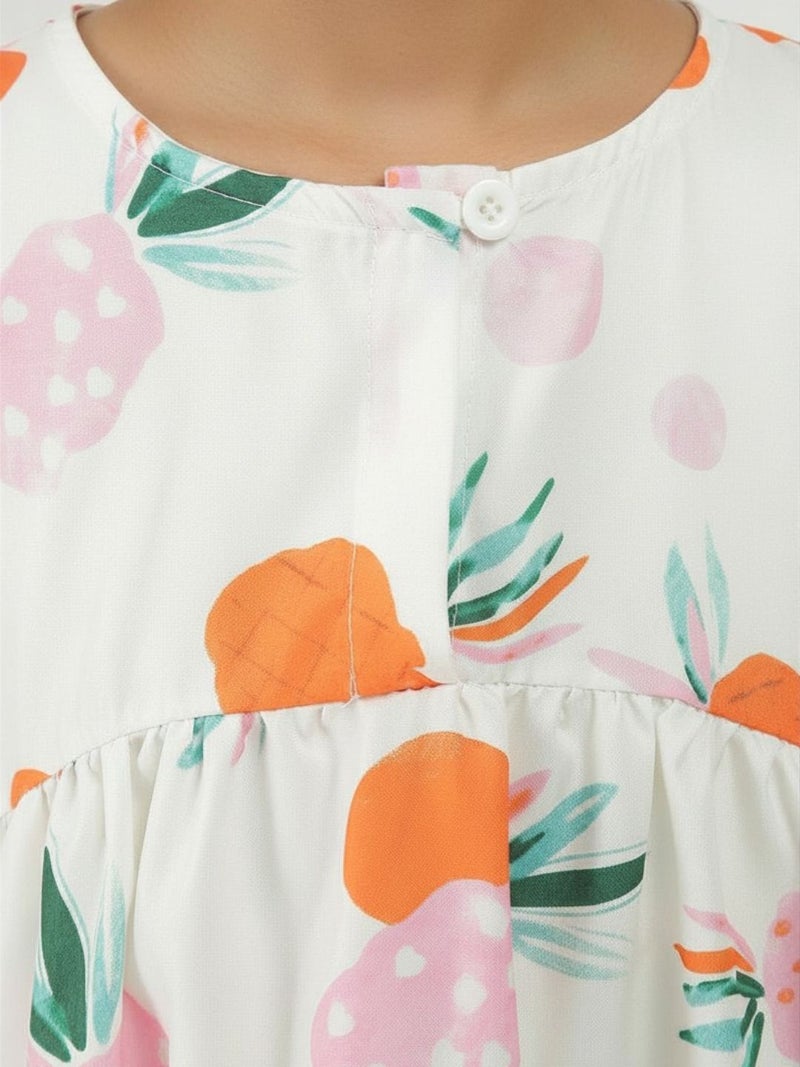 Globus Girls White Fruit Print Round Neck Gathered Detail Puffed Sleeves Tiered Fit & Flare Mini Party Dress - Image 4