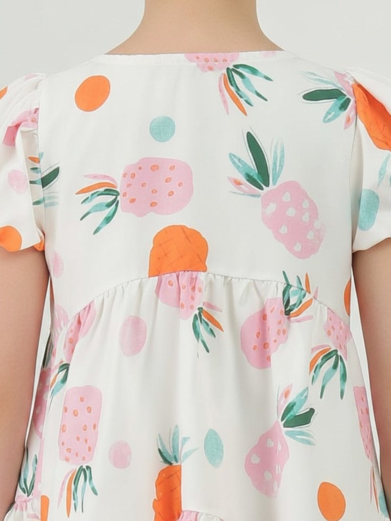 Globus Girls White Fruit Print Round Neck Gathered Detail Puffed Sleeves Tiered Fit & Flare Mini Party Dress - Image 5