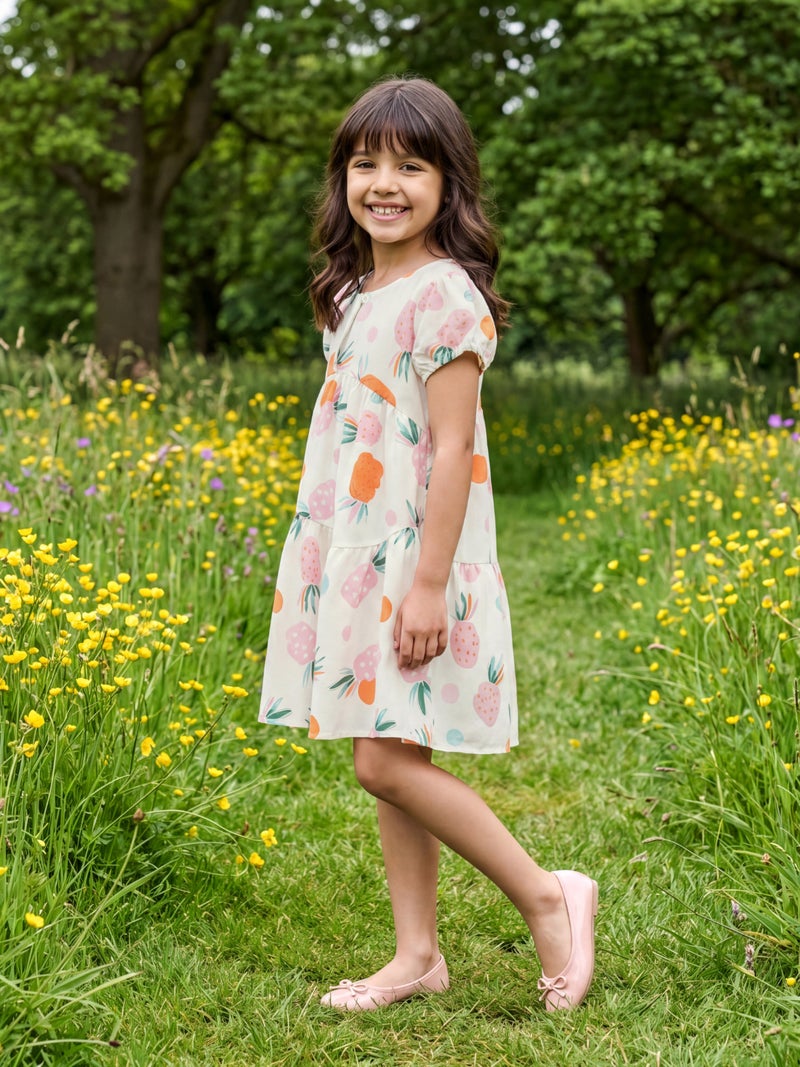 Globus Girls White Fruit Print Round Neck Gathered Detail Puffed Sleeves Tiered Fit & Flare Mini Party Dress - Image 2