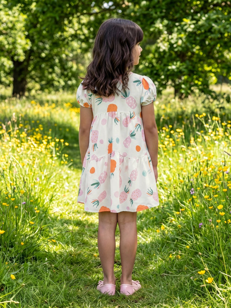 Globus Girls White Fruit Print Round Neck Gathered Detail Puffed Sleeves Tiered Fit & Flare Mini Party Dress - Image 3