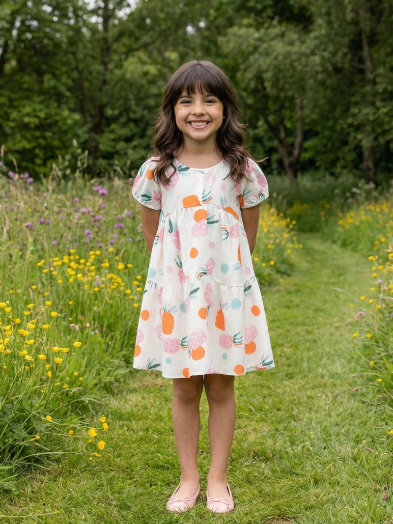 Globus Girls White Fruit Print Round Neck Gathered Detail Puffed Sleeves Tiered Fit & Flare Mini Party Dress - Image 1