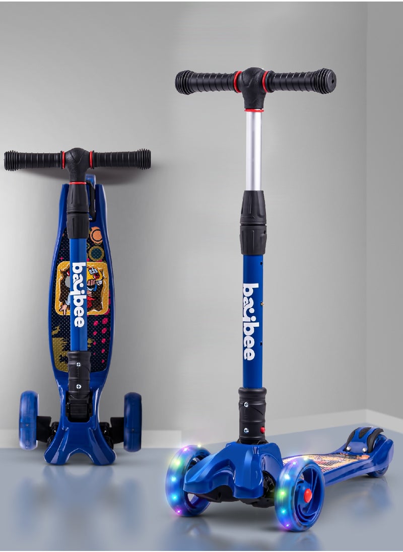 BAYBEE Flash Skate Scooter For Kids 3 Wheel Kids Scooter With Foldable 4 Height Adjustable Handle Baby Scooter With Led Wheels Kick Scooter For Baby Scooter For Kids 3 To 10 Years Boy Girl Dark Blue  - Image 1