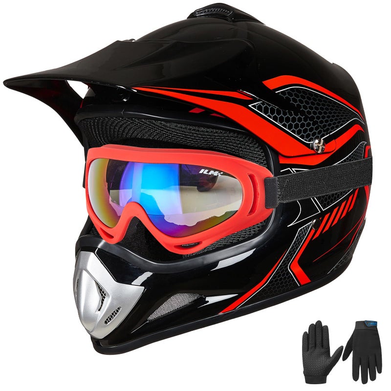 ILM Youth Kids Dirt Bike Helmet ATV Motocross DOT OffRoad Street Helmet Goggles Gloves Full Face Protective Helmet Model BLD818RedYouthMedium