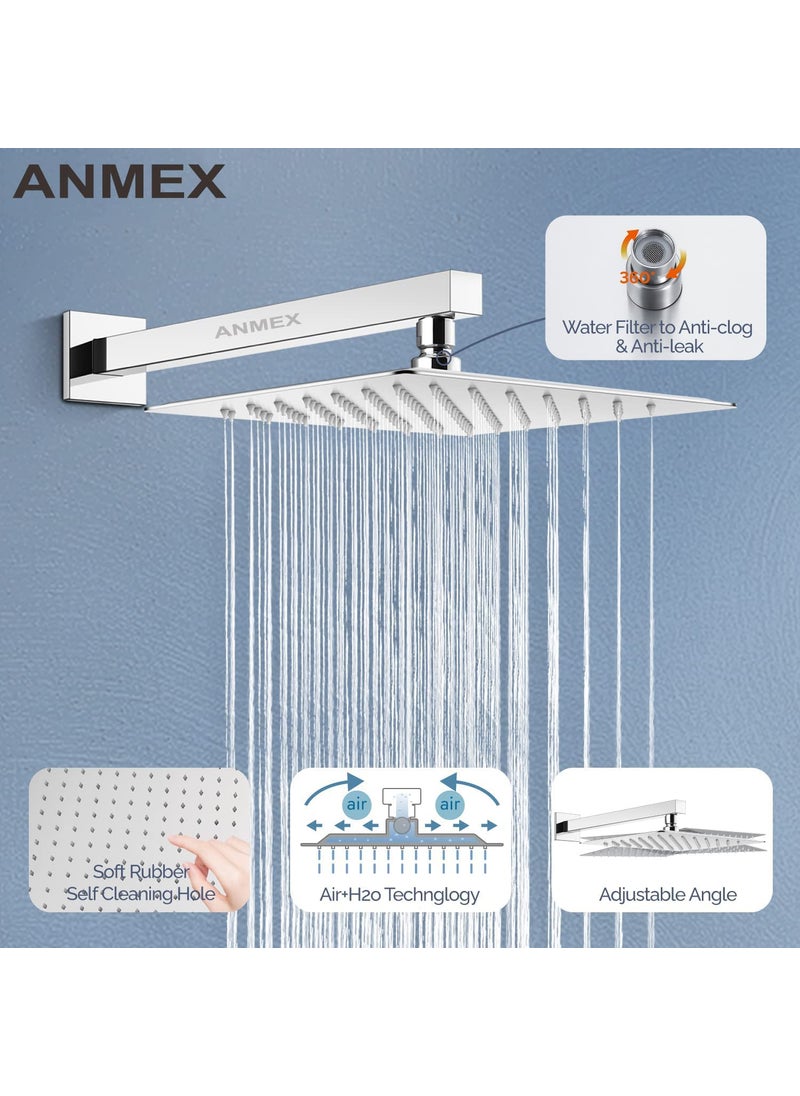 ANMEX ANMEX 12inch 12x12 Rain Shower head High Pressure Shower Head Made of 304 Stainless Steel with Square Arm Relaxed Shower Experience Even at Low Water Flow Pressure 12 15 Inches Arm  - Image 5