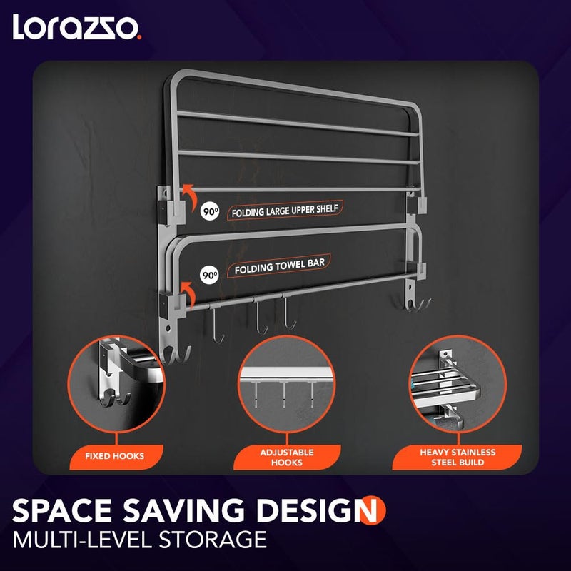 Lorazzo Towel Rack Foldable 24inches Stainless Steel 304 Bathroom Accessories Towel Holder Towel Rod for Bathroom Towel Rod Chrome Finish Towel Hanger for Bathroom - Image 3