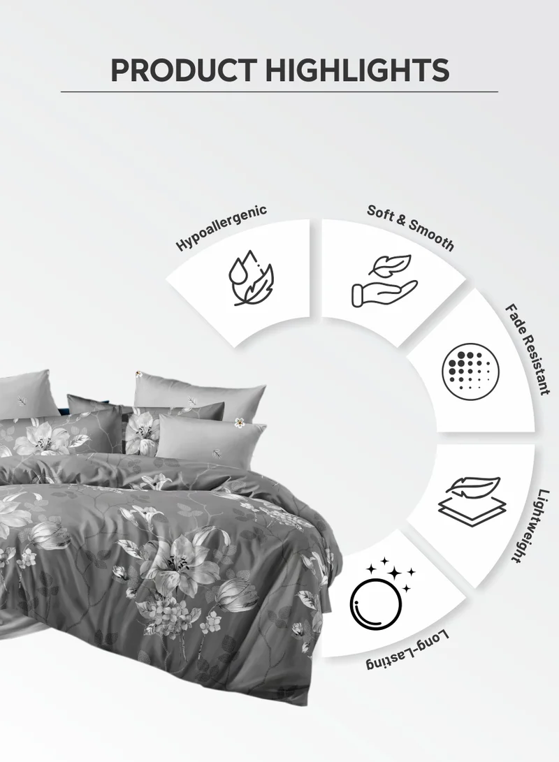 Donetella Duvet Cover Set 4-Pcs Single Size Printed Bed Set With 1 Duvet Cover(160 x 220 CM) 1 Fitted Sheet 1 Pillow Sham And 1 Pillow Case (Without Filler),Smoke Grey