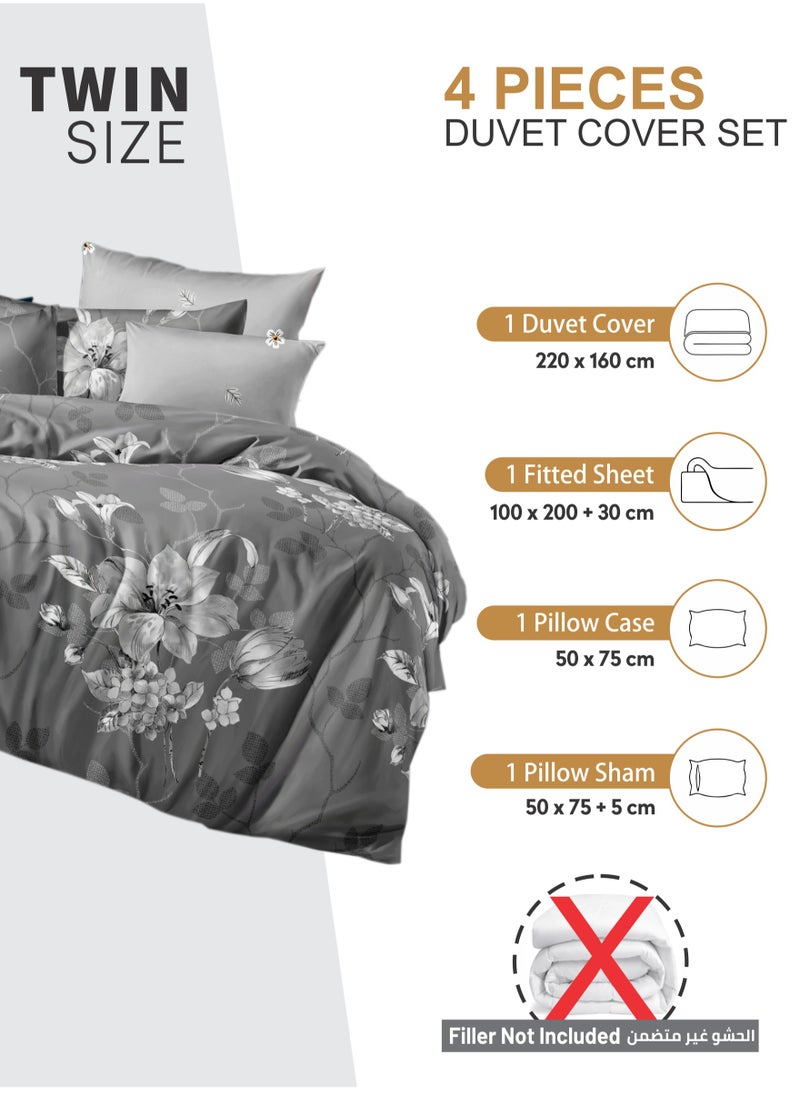 Donetella Duvet Cover Set 4-Pcs Single Size Printed Bed Set With 1 Duvet Cover(160 x 220 CM) 1 Fitted Sheet 1 Pillow Sham And 1 Pillow Case (Without Filler),Smoke Grey  - Image 2