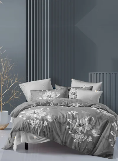 Donetella Duvet Cover Set 4-Pcs Single Size Printed Bed Set With 1 Duvet Cover(160 x 220 CM) 1 Fitted Sheet 1 Pillow Sham And 1 Pillow Case (Without Filler),Smoke Grey