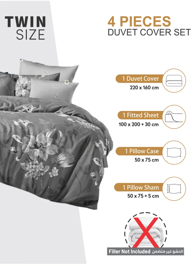 Donetella Duvet Cover Set 4-Pcs Single Size Printed Bed Set With 1 Duvet Cover(160 x 220 CM) 1 Fitted Sheet 1 Pillow Sham And 1 Pillow Case (Without Filler),Smoke Grey