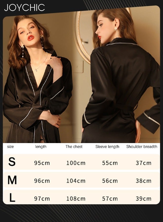 Joychic Simple Spring and Autumn Women Sleepwear Wrapping Strip esign Long Satin Nightgown Soft and Smooth Female V Cardian Pajamas with Belt Black - Image 3