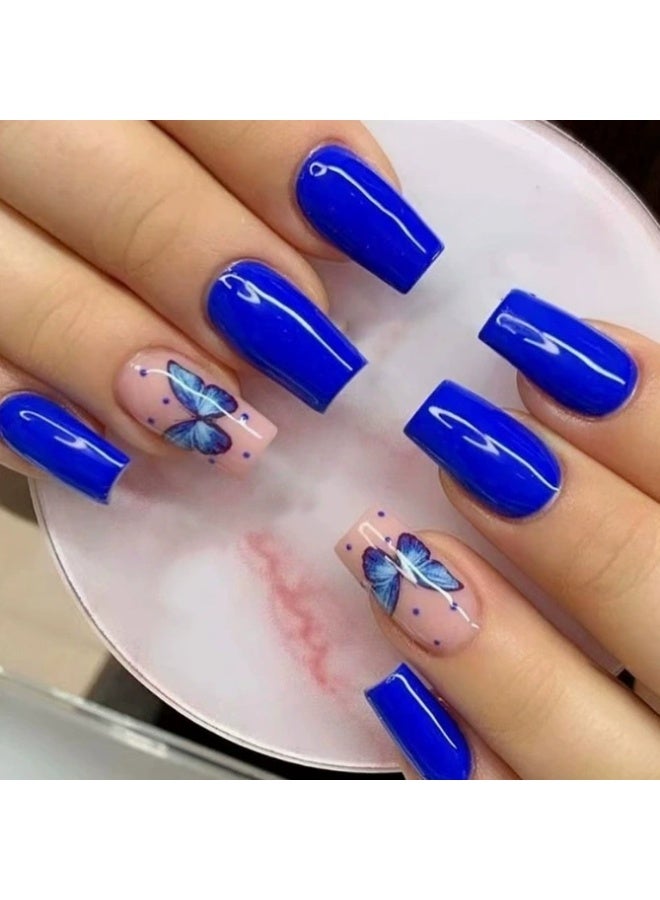 Goolsky Premium Press-on Nails with Blue Base & Butterfly Polka Dots for Playful Elegance
