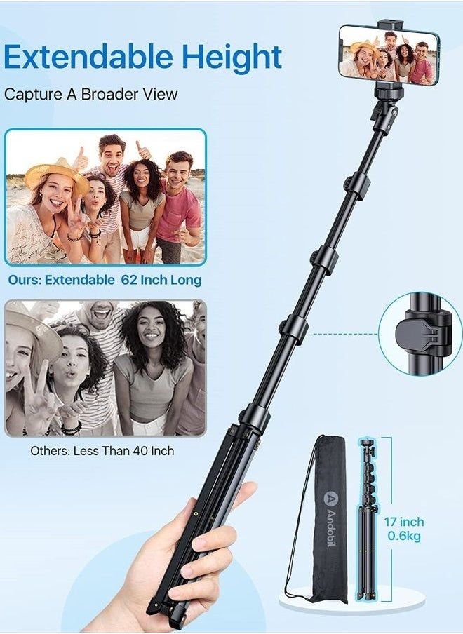 andobil - 62'' iPhone Tripod Stand with Remote, Tripod for Samsung Galaxy S23 Ultra, Extendable Cell Phone Stand Lightweight Tripod Fit for iPhone 14 Pro Max, Samsung S22 S21, Android/Camera/GoPro - Image 1