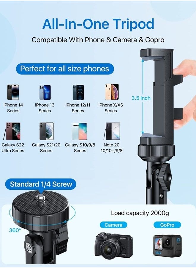 andobil - 62'' iPhone Tripod Stand with Remote, Tripod for Samsung Galaxy S23 Ultra, Extendable Cell Phone Stand Lightweight Tripod Fit for iPhone 14 Pro Max, Samsung S22 S21, Android/Camera/GoPro - Image 1