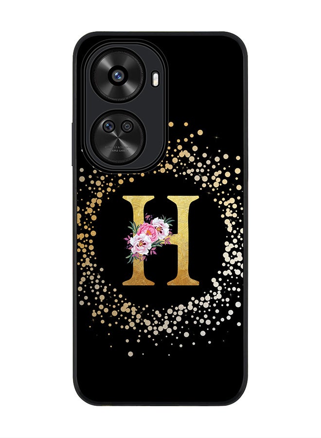 Stylizedd حافظة حواف سوداء متينة لهواوي نوفا 12 SE / هواوي نوفا 11 SE 4G، غلاف رفيع مخصص بنمط زهور وحرف أولي - H (أسود) - Image 1