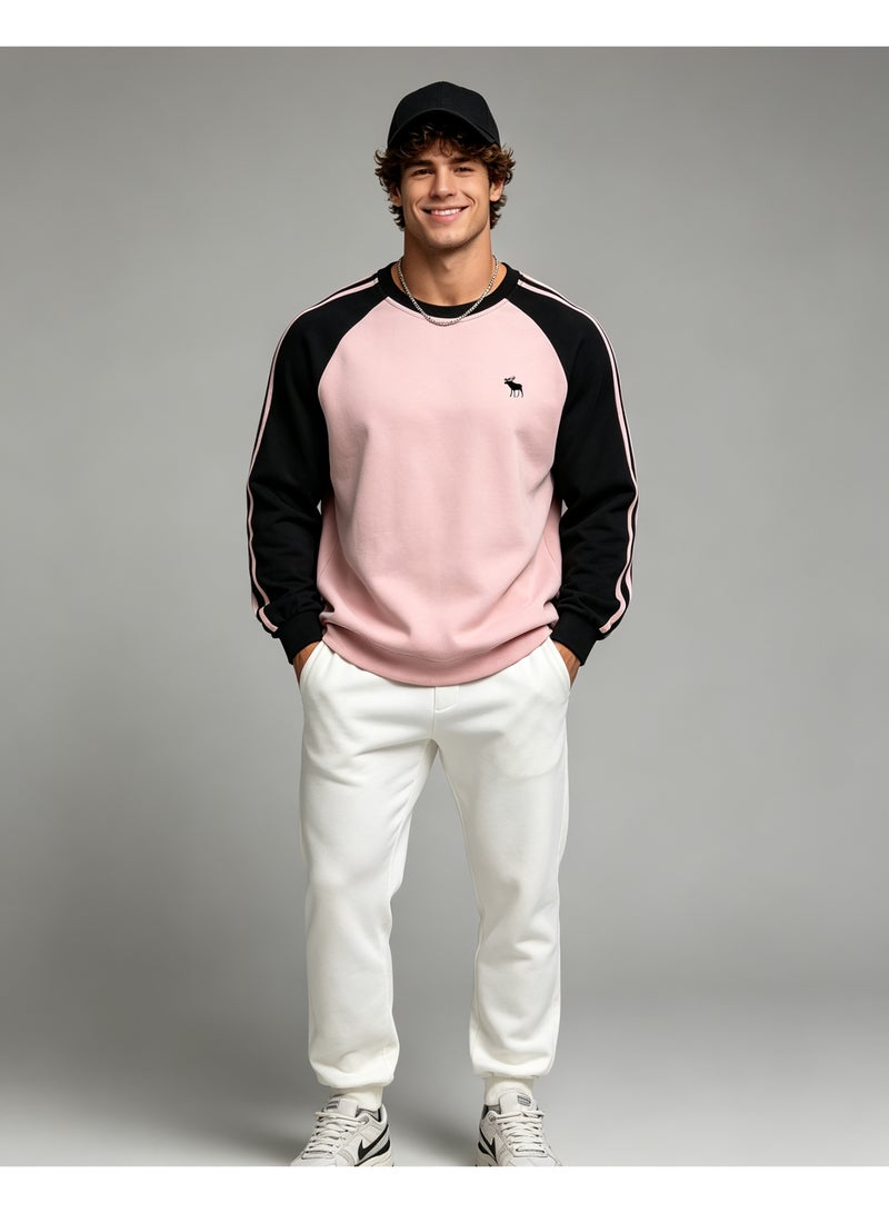 Abercrombie & Fitch Men's & Women's Raglan Sleeve Crew Neck Sweatshirt, Casual Striped Long Sleeve Pullover, Daily Streetwear Top, Black & Pink - Image 2