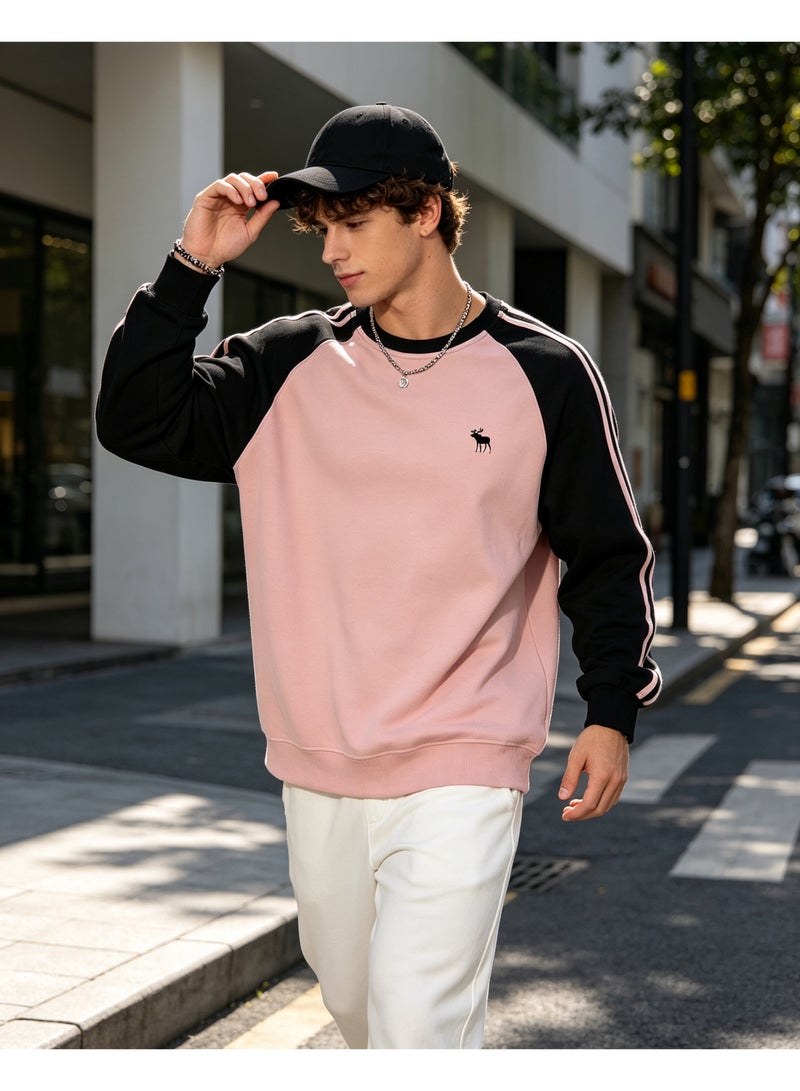 Abercrombie & Fitch Men's & Women's Raglan Sleeve Crew Neck Sweatshirt, Casual Striped Long Sleeve Pullover, Daily Streetwear Top, Black & Pink - Image 4