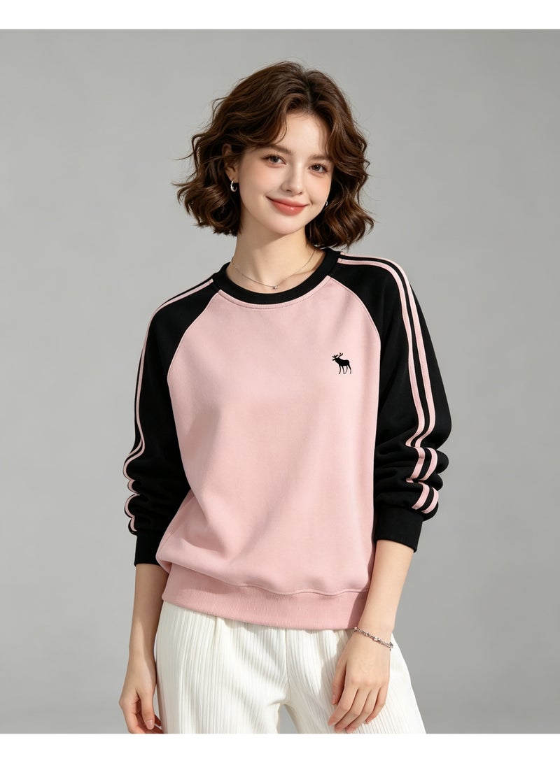 Abercrombie & Fitch Men's & Women's Raglan Sleeve Crew Neck Sweatshirt, Casual Striped Long Sleeve Pullover, Daily Streetwear Top, Black & Pink - Image 3